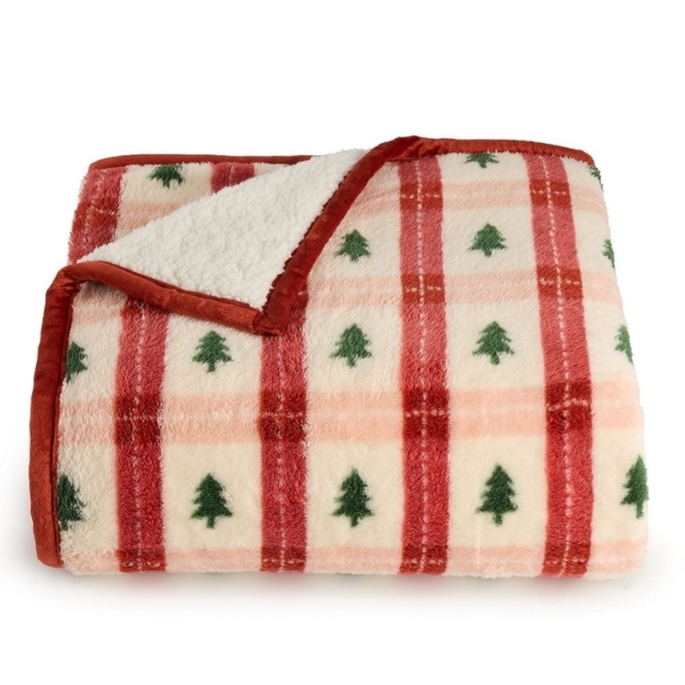 Cuddl Duds Tree Red Plaid Cozy Sherpa Throw Blanket. New! 50” x 60”